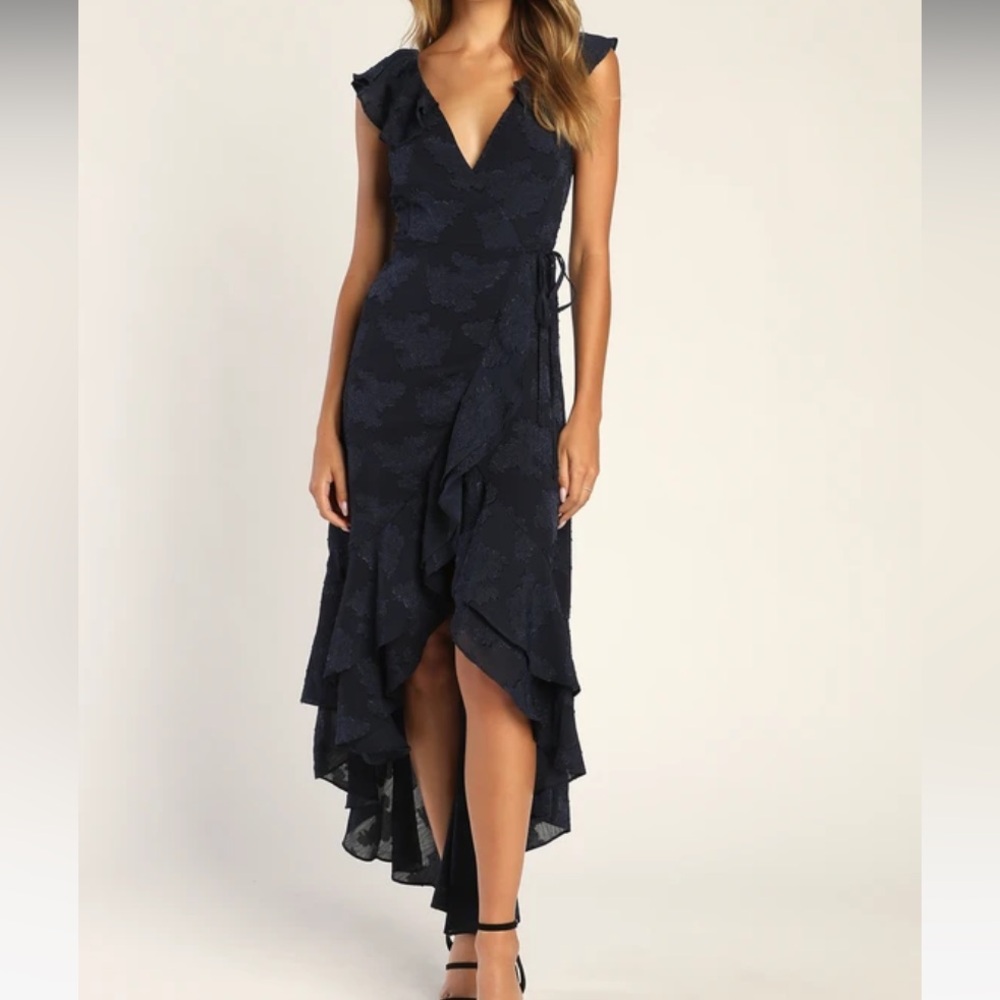 NWT Lulu’s Adorable Aura Navy Blue Floral Burnout High Low Wrap Dress!